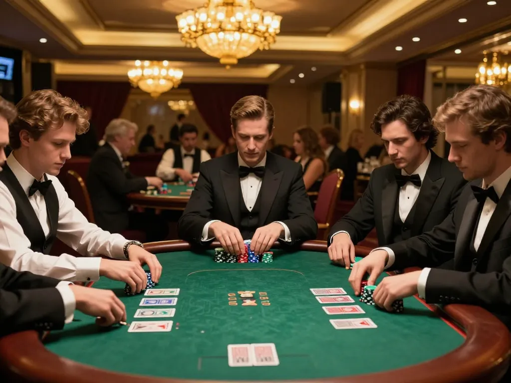 Players strategizing at high-stakes 78win poker table in luxurious casino setting