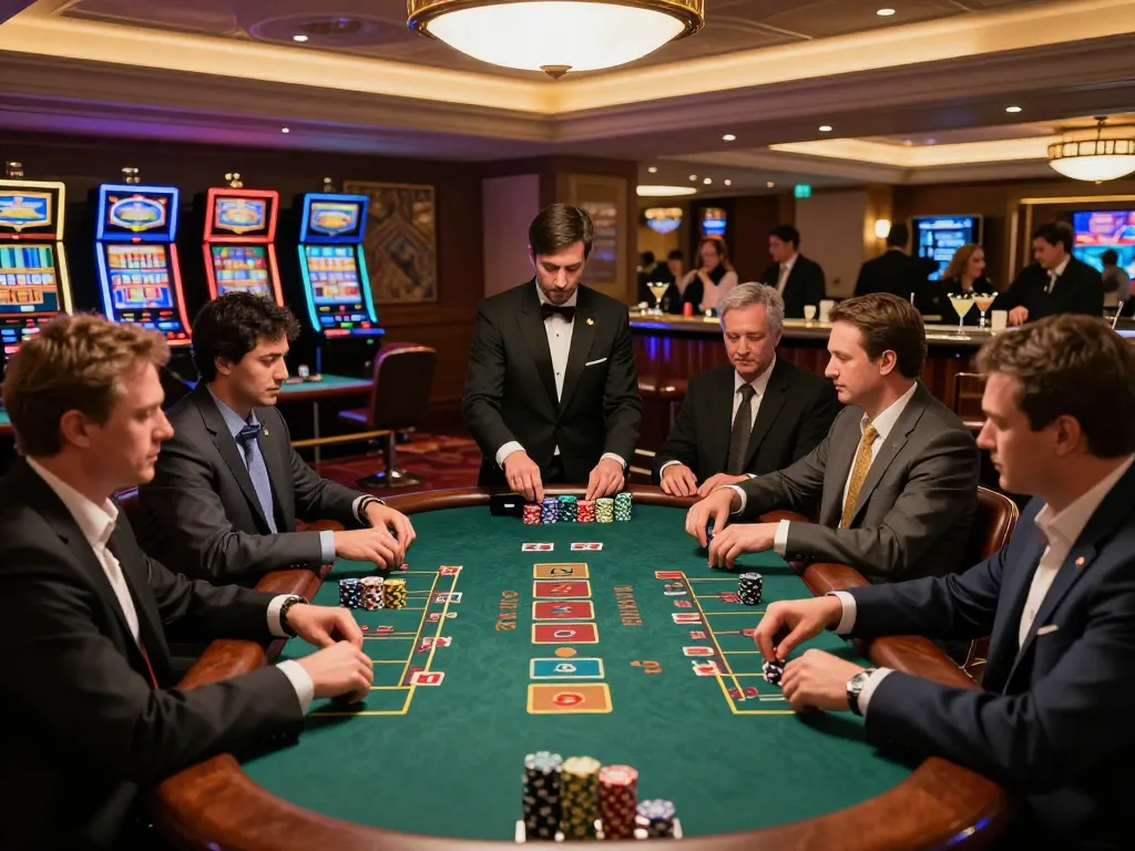 Betting at a blackjack table in a vibrant casino showcasing fabet's thrilling gaming experience.
