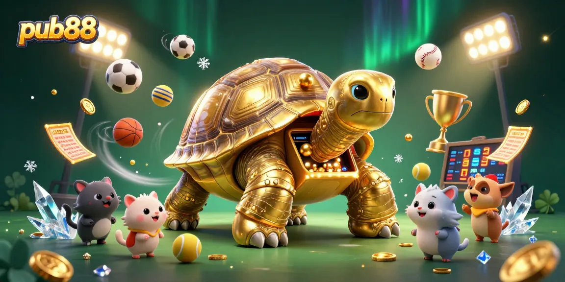 Play exciting games at pub88, featuring a vibrant golden tortoise pinball machine and sports elements.