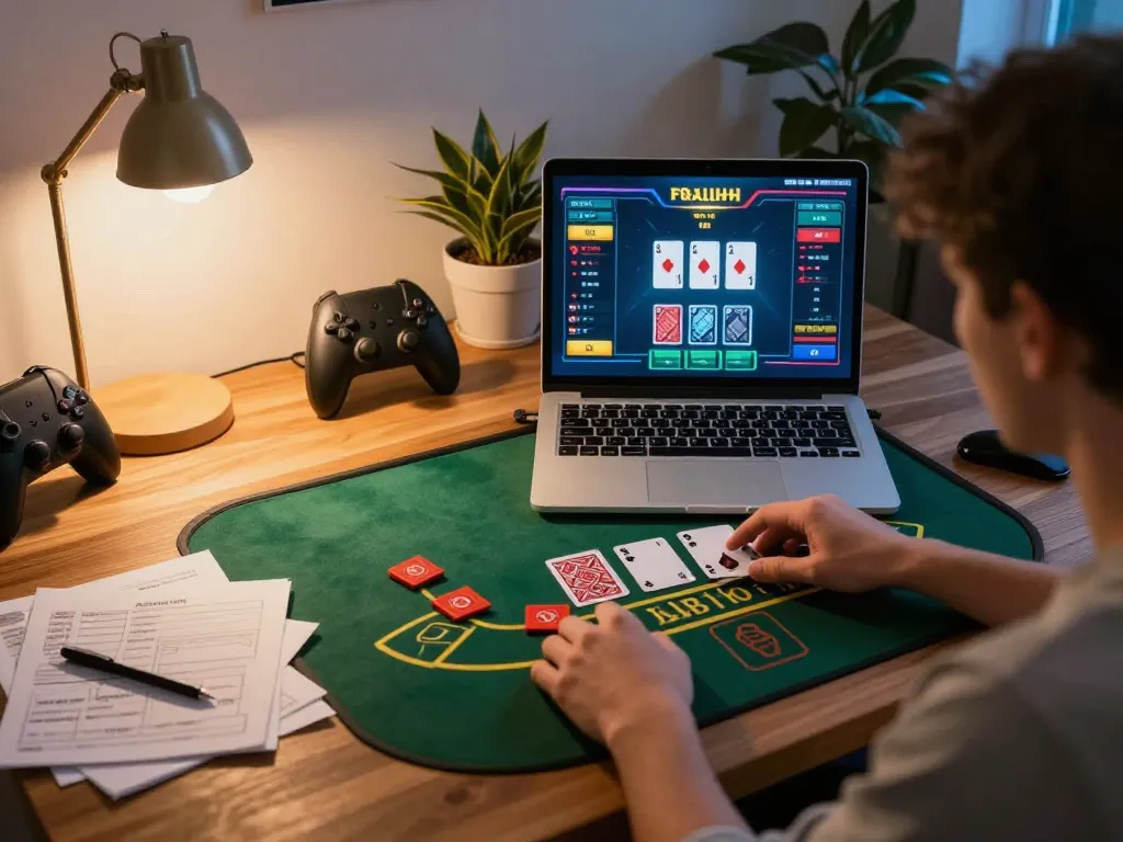 B52club player enjoying an intense blackjack game on laptop, surrounded by gaming tools.