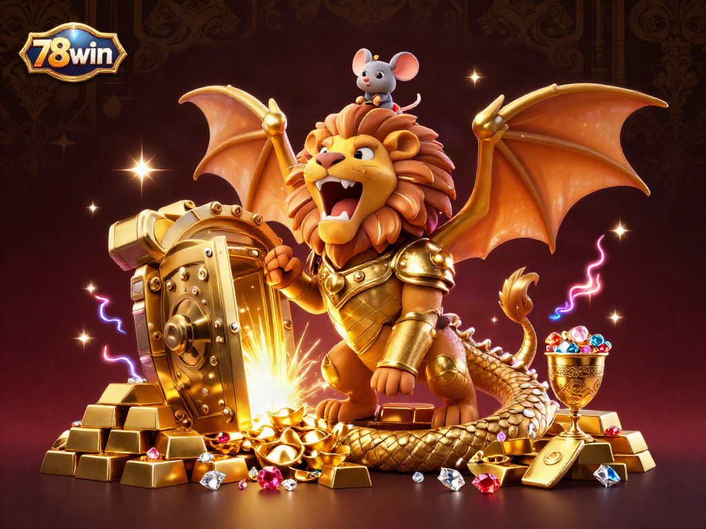 Experience thrilling wins at 78win with a vibrant casino-themed illustration celebrating jackpots and treasures.