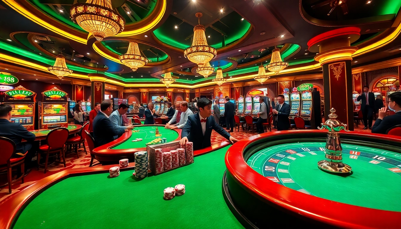 KP88 players enjoying high-stakes action at casino tables with vibrant gaming atmosphere.