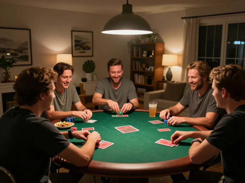 Play poker night with friends using 32win platform, showcasing cards and chips on the table.