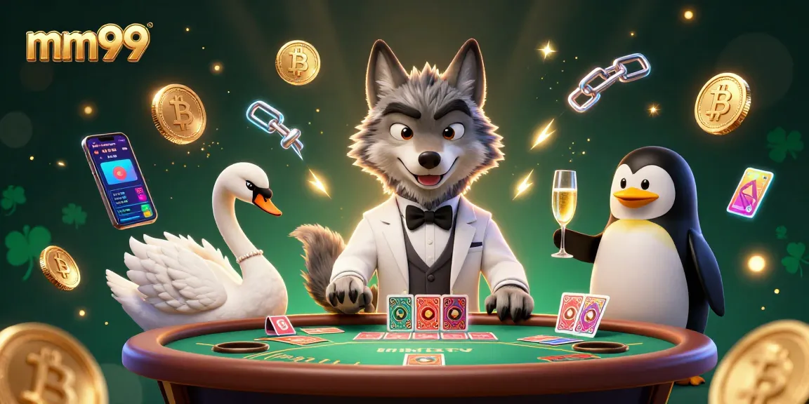 Experience the excitement of mm99 with stylish characters, glowing crypto elements, and a dynamic casino scene.