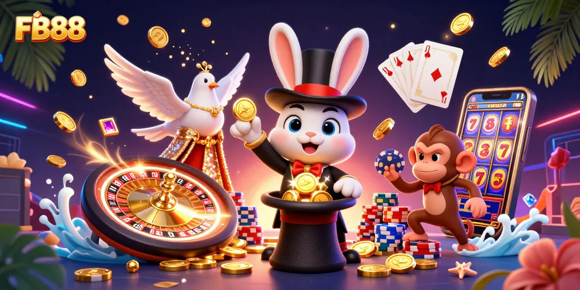 Experience the magic of winning at FB88 with a cartoon magician rabbit pulling golden coins, surrounded by lively casino elements.