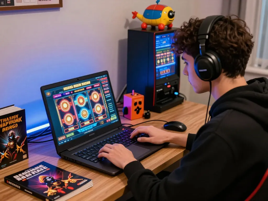 Gamer enjoying LC88 online slots on a laptop, showcasing an engaging home setup.