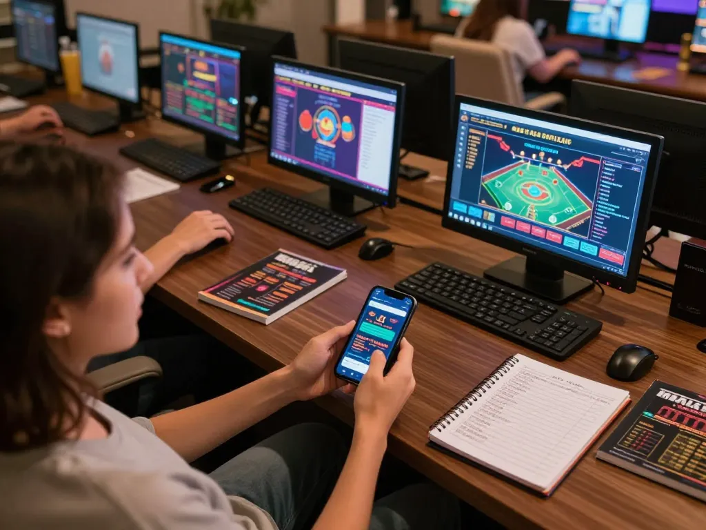 Engaging in strategy at 8kbetcom online gaming setup with multiple screens