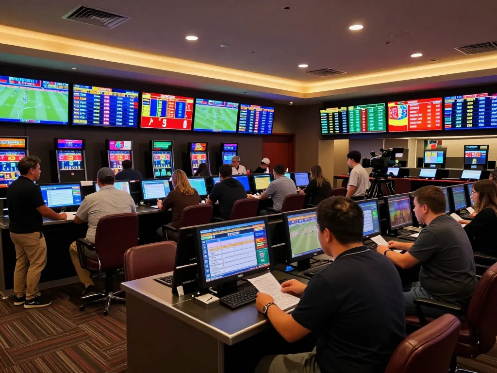 Sports bettors reviewing odds at trang cá cược bóng đá sportsbook, showcasing excitement and engagement