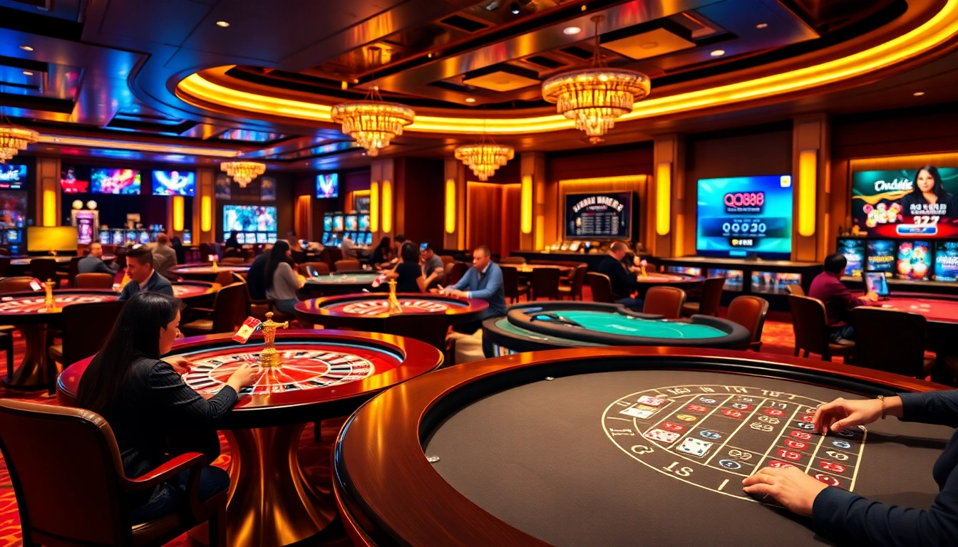 Players enjoying their time at the QQ88 casino with poker chips and cards in action.