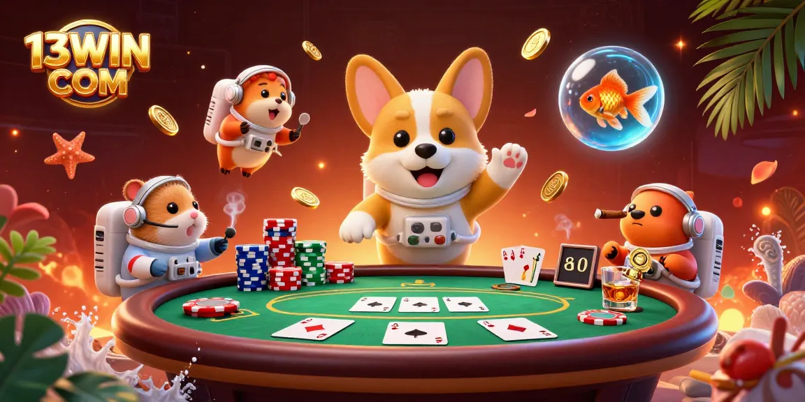 Experience gaming at 13WIN COM with a dynamic space casino scene featuring a floating corgi and poker elements.