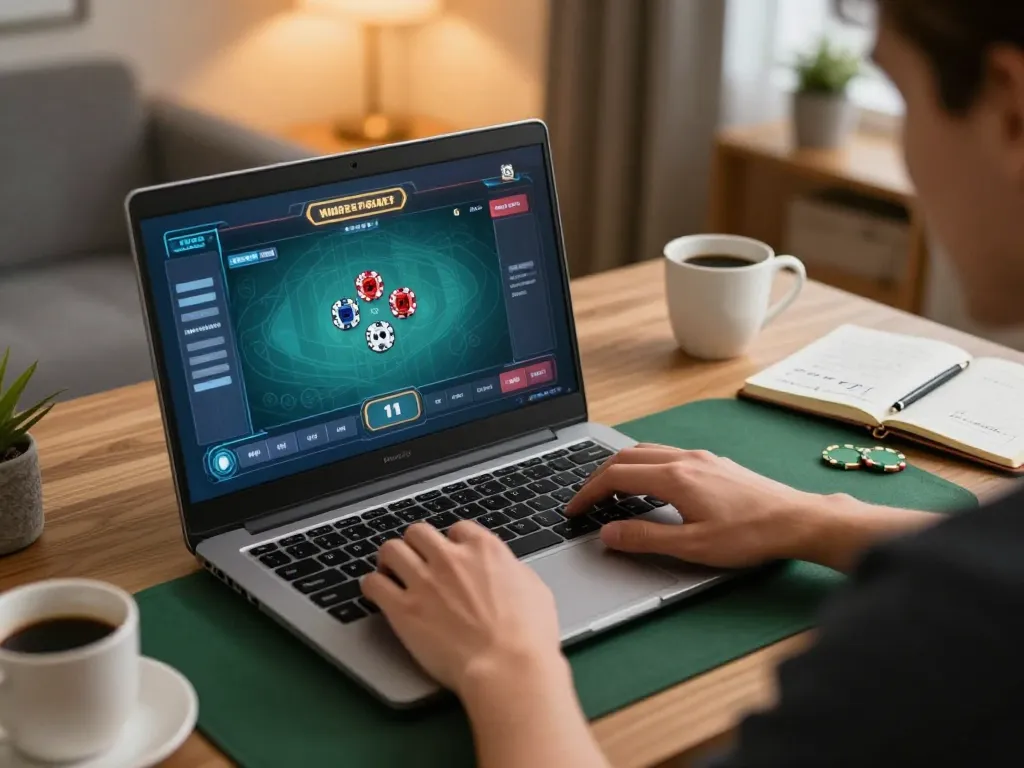Engaging online poker gameplay at https://rr88co.net/ showcasing strategic hands poised to win in a cozy home office.