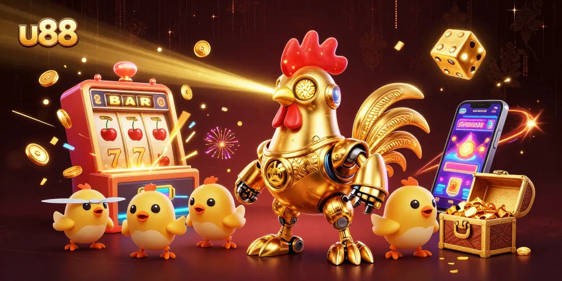 Experience thrilling gameplay at u88 with a dynamic casino scene featuring a golden rooster robot and slot machine.