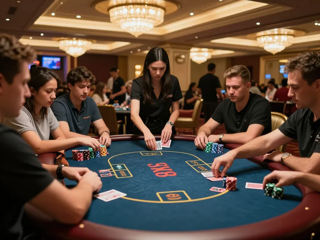 SX88 players engaged in an intense poker game at a luxurious casino table