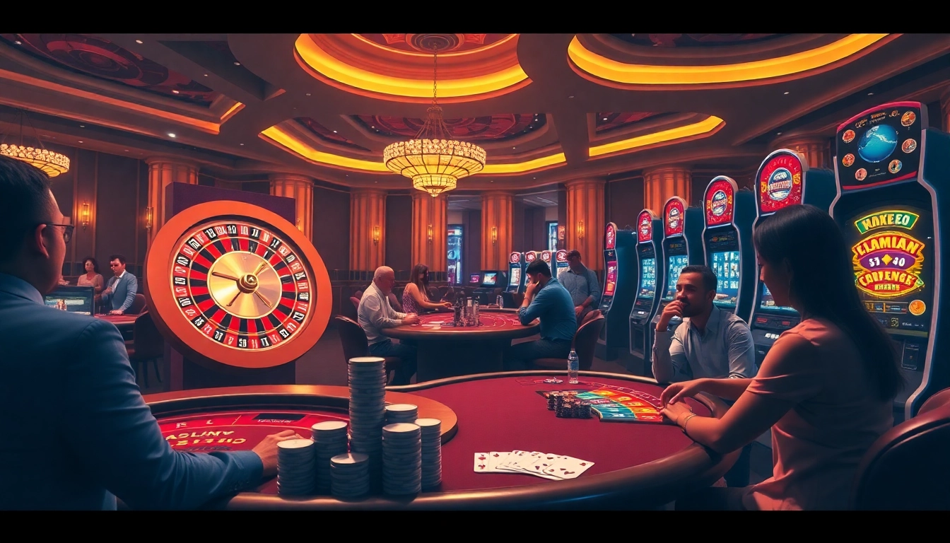 Players enjoying high-stakes games at nhà cái bj88 casino, featuring vibrant roulette and poker tables.