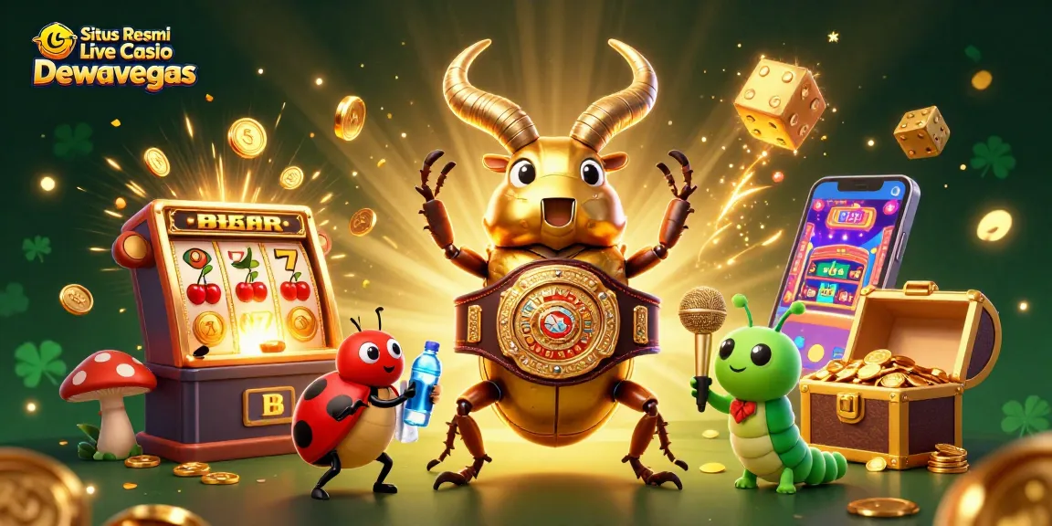 Situs Resmi Live Casino Dewavegas showcases a thrilling casino scene with lively characters and a jackpot explosion.