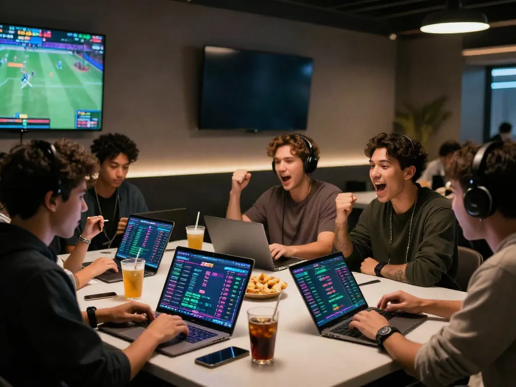 Engaging scene of diverse sports bettors using ZBET platform on laptops in a lively betting lounge atmosphere.