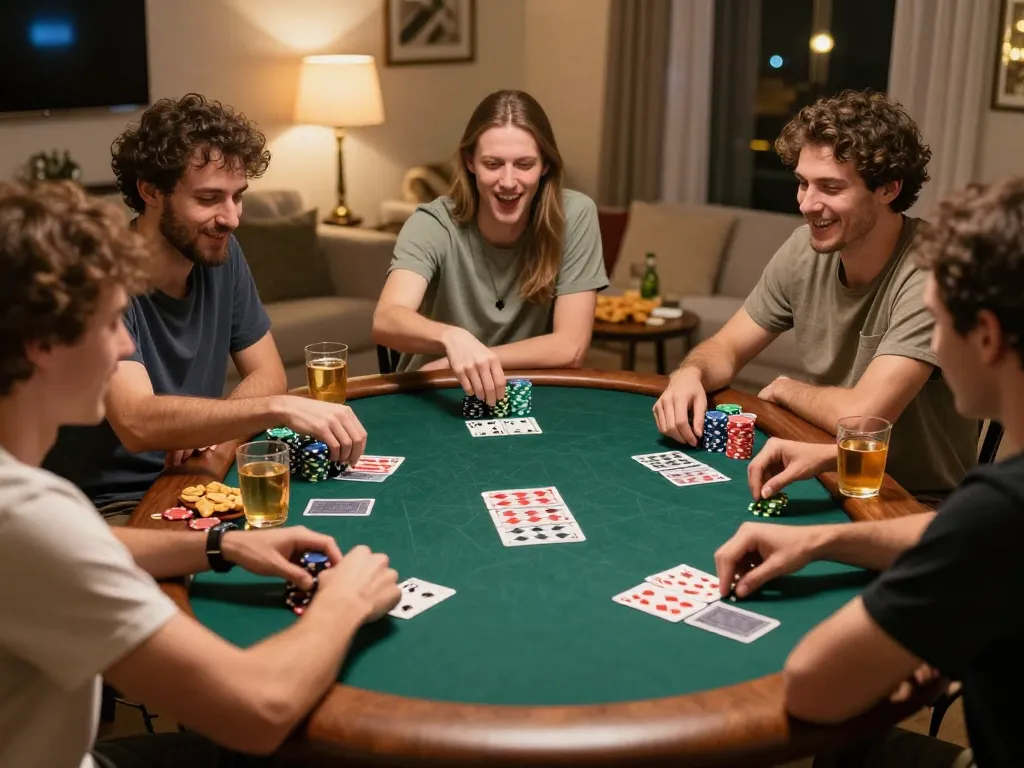 Poker night at home with friends showcasing engaging llwin gameplay and lively atmosphere