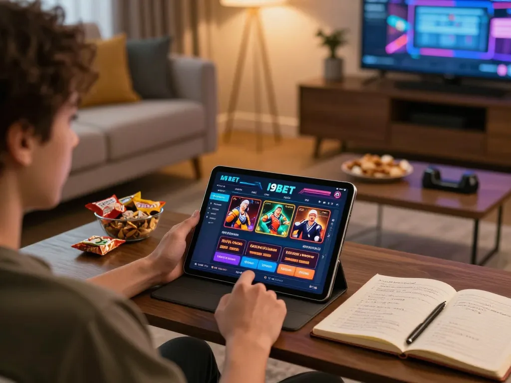 I9BET online casino gaming scene with a player engaging on a tablet in a cozy home setting.