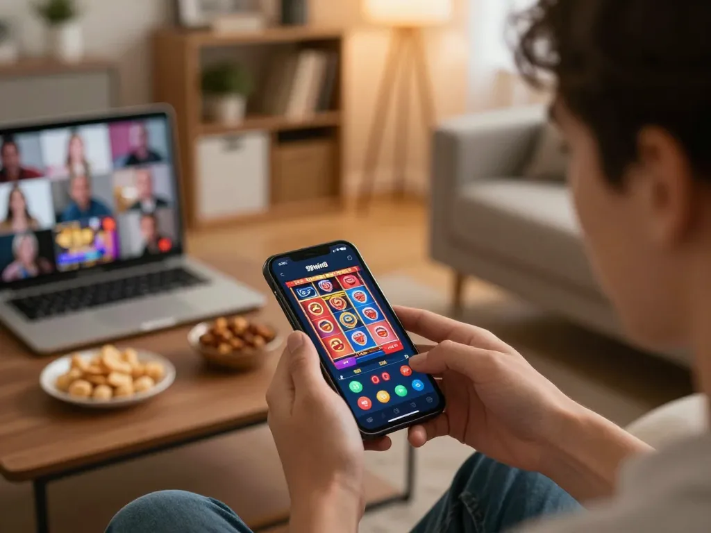 Engaging with the 98win9 app in a cozy living room for online gambling excitement