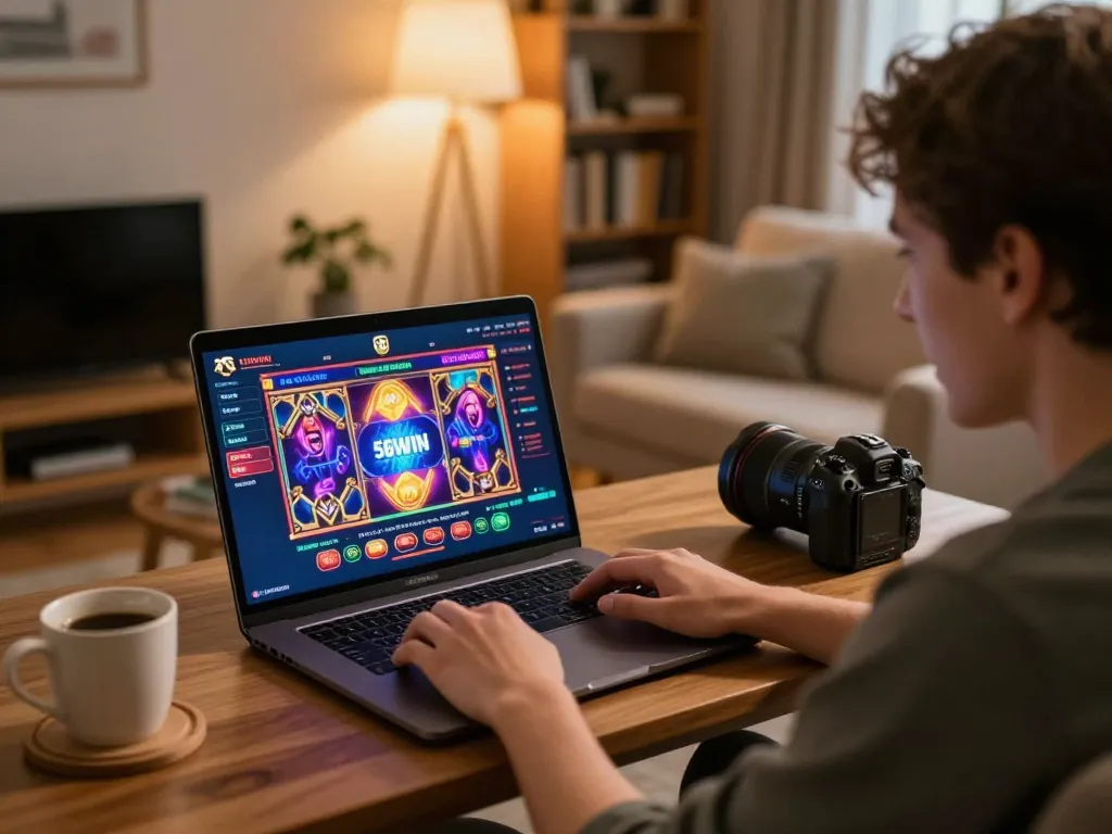 Engaging in online casino gaming with 56WIN, featuring colorful graphics and a cozy setting.