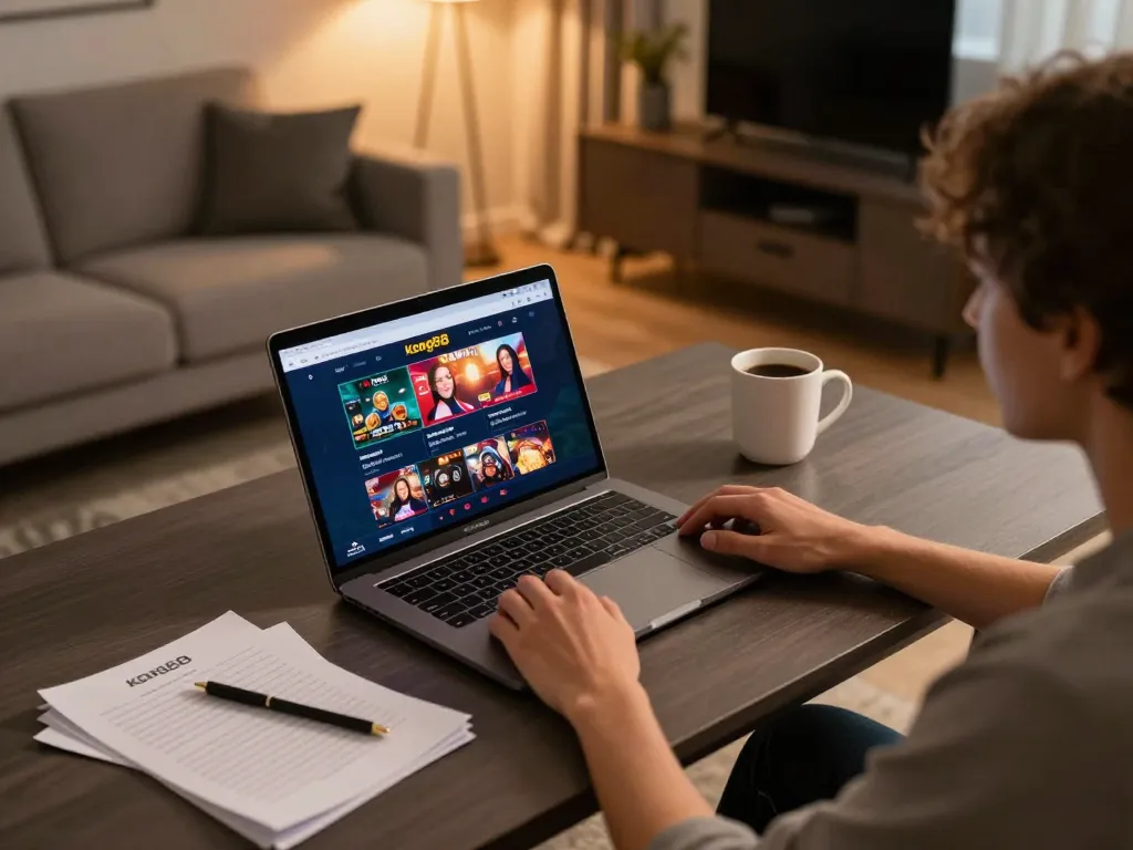 Player exploring kong88 online casino interface on laptop, demonstrating responsible gaming practices with notes beside.