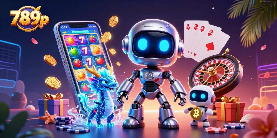 Spin and win with 789p as a cyberpunk robot and AI companions at a vibrant casino.