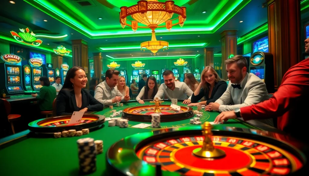 Gambling excitement at nhà cái F168 with players at a luxurious casino table featuring cards and chips.