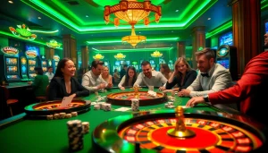 Gambling excitement at nhà cái F168 with players at a luxurious casino table featuring cards and chips.