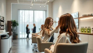 Omnia Salon's elegant interior showcasing a stylist applying highlights in a calming atmosphere.