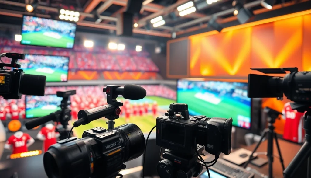 Engaging sports broadcasting studio showcasing live sports action and broadcasting equipment.