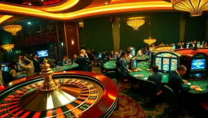 Experience the thrill of winning at https://rr88a.us.com/ with an exciting casino scene featuring roulette and poker tables.