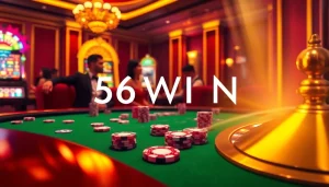 Players at a high-stakes poker table with 56WIN branding, vibrant casino atmosphere.