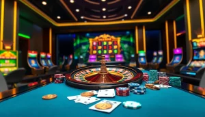 Engaging scene depicting crypto online casinos with roulette wheel, cards, and vibrant graphics.