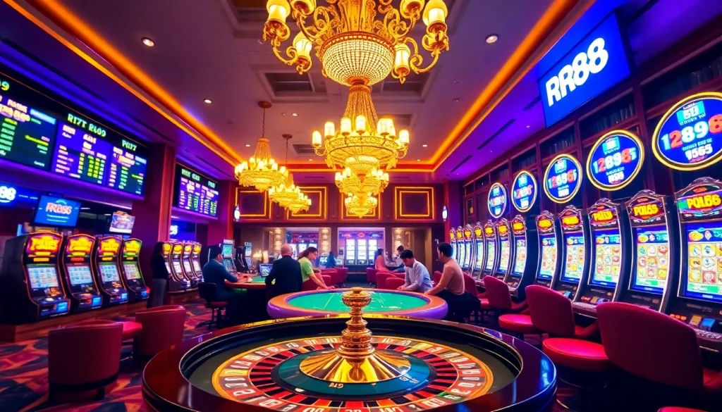 Exciting casino action at RR88 with roulette, slot machines, and enthusiastic players.