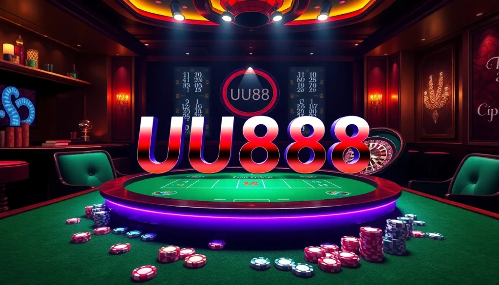 Experience the thrill of UU88 with a vibrant casino scene showcasing exciting gambling elements.