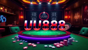 Experience the thrill of UU88 with a vibrant casino scene showcasing exciting gambling elements.