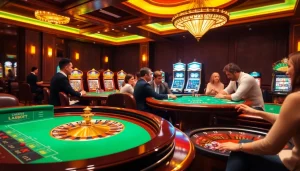 Players enjoying a vibrant casino atmosphere at https://k9k9.ru.com/, showcasing poker chips and a roulette wheel.