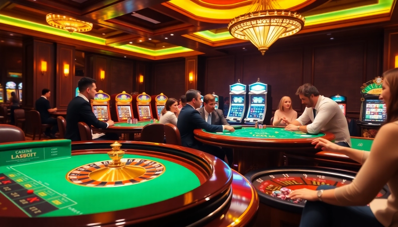 Players enjoying a vibrant casino atmosphere at https://k9k9.ru.com/, showcasing poker chips and a roulette wheel.