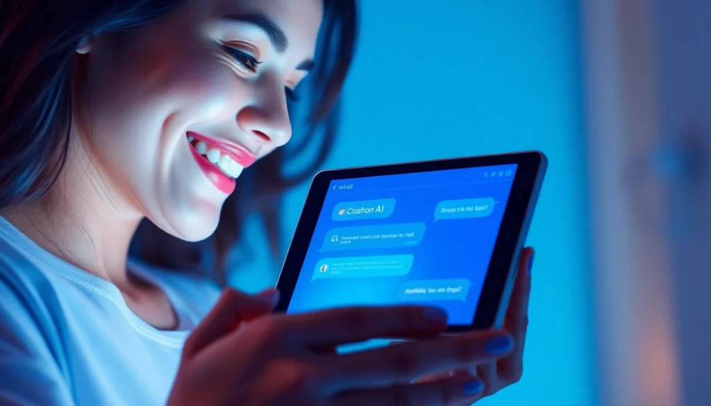 Engaging user interacting with Crushon AI on digital device, showcasing futuristic chat technology.