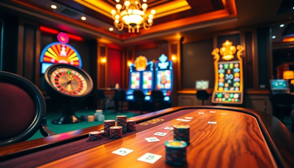 Experience the excitement of https://f8bet.io/ with a luxurious poker table and vibrant slot machines.