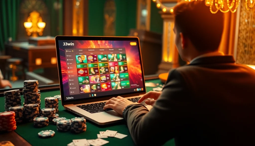 33win online casino scene showcasing immersive gaming with cards and chips, highlighting a luxurious atmosphere.
