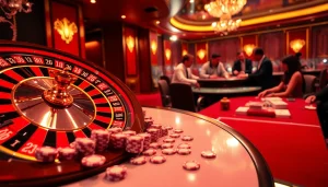 Players enjoying an intense game of RR88 Game at a luxurious casino, showcasing chips and cards in action.