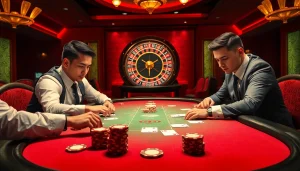 Players engage in high-stakes poker at the casino, highlighting OK9AA with dazzling chips and cards.