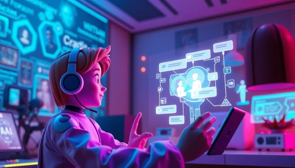 Engaging digital scene depicting 'crush on ai' with futuristic chat interfaces and animated AI companions