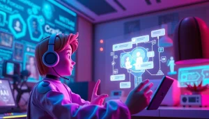Engaging digital scene depicting 'crush on ai' with futuristic chat interfaces and animated AI companions