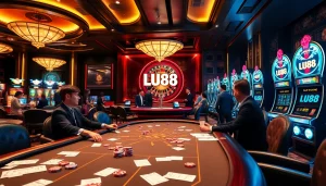 Exciting gambling scene at Nhà cái Lu88 with poker tables and vibrant slot machines.