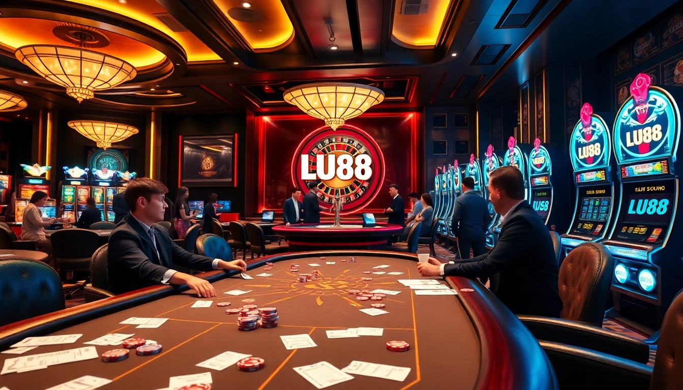 Exciting gambling scene at Nhà cái Lu88 with poker tables and vibrant slot machines.