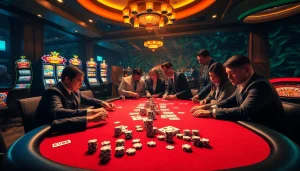 Players enjoy high-stakes poker at EV88, surrounded by vibrant casino ambiance with chips and cards.