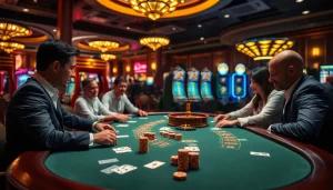 Intense action at Mmoo.com casino table with players engaged in card games and vibrant atmosphere.