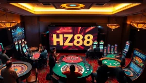 The thrilling HZ88 online casino scene showcases players enjoying diverse games like roulette and blackjack.